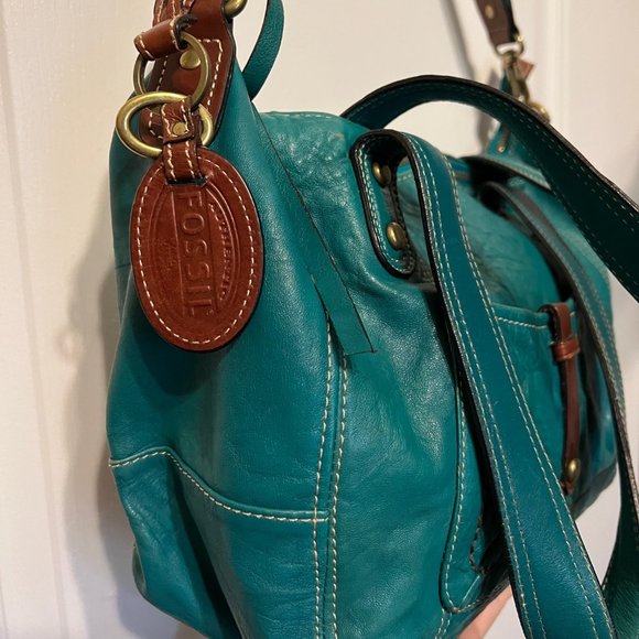 Fossil-Shoulder/Tote Leather Purse-Turquoise/Aqua Greenish Blue-Rare-Large - Picture 6 of 16